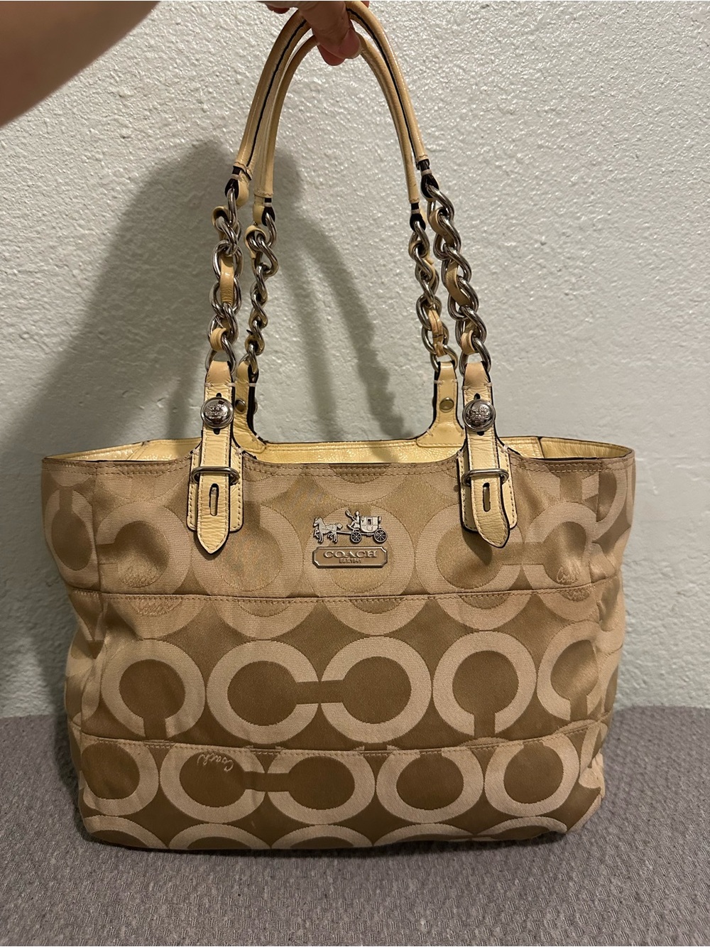 Coach Tan Signature Canvas Tote with Chain-Link Handles